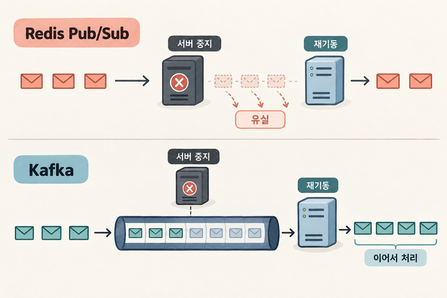 서버 재시작 중 Redis Pub/Sub과 Kafka의 메시지 처리 차이